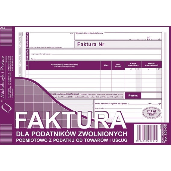 faktura dla podatników zwolnionych podmiotowo z podatku